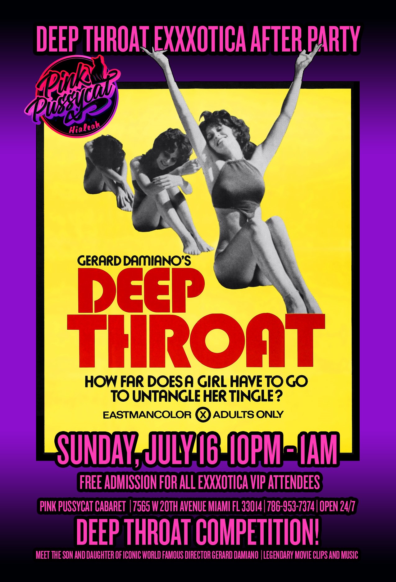 Iconic Film “Deep Throat” Returns Home to Miami as Son & Daughter of Gerard Damiano Sr. Commemorate the 50th Anniversary at Exxxotica Miami & The Pink Pussycat After Party this Weekend                     